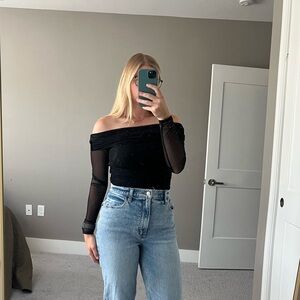Abercrombie & Fitch Black Off-Shoulder Top with Sheer Sleeves